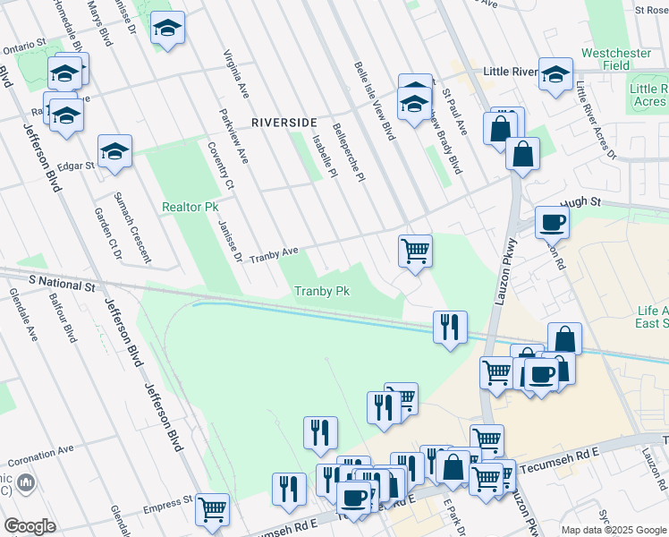 map of restaurants, bars, coffee shops, grocery stores, and more near 1342 Virginia Avenue in Windsor