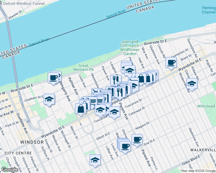 map of restaurants, bars, coffee shops, grocery stores, and more near 868 Brant Street in Windsor
