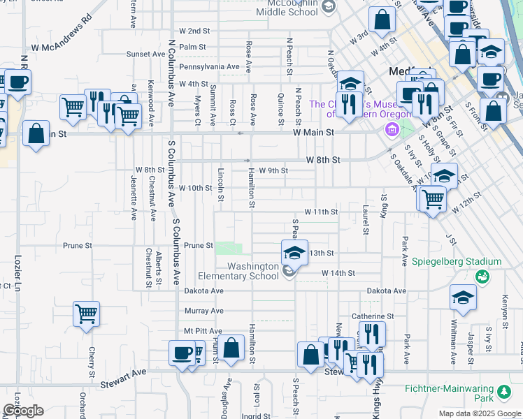 map of restaurants, bars, coffee shops, grocery stores, and more near 1042 West 11th Street in Medford