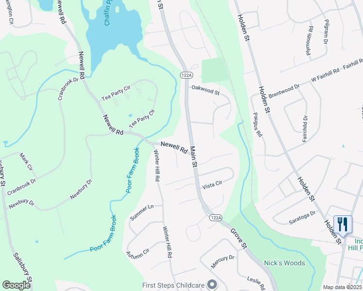 map of restaurants, bars, coffee shops, grocery stores, and more near 25 Newell Road in Holden