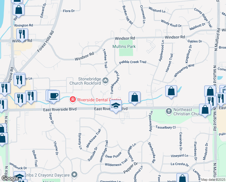 map of restaurants, bars, coffee shops, grocery stores, and more near 4089 Tumbleweed Trail in Loves Park
