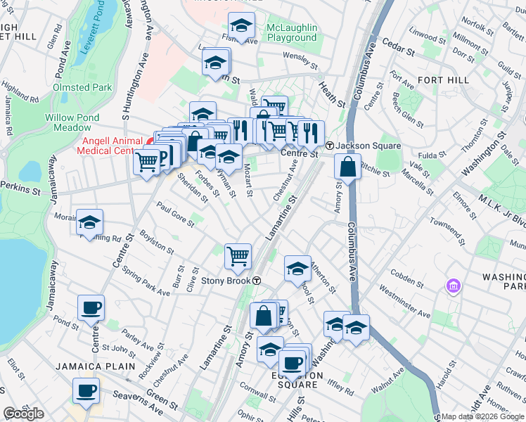 map of restaurants, bars, coffee shops, grocery stores, and more near 99 Wyman Street in Boston