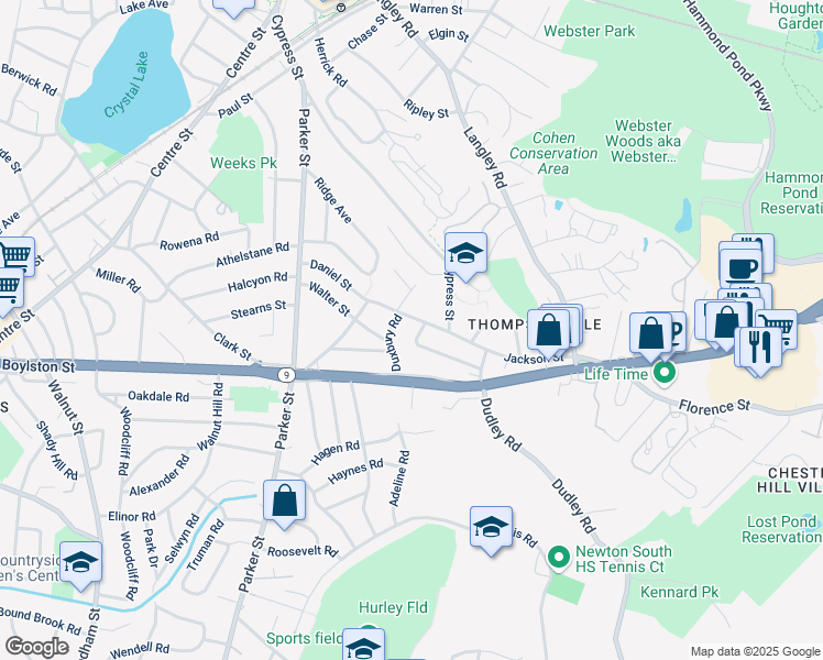 map of restaurants, bars, coffee shops, grocery stores, and more near 48 Duxbury Road in Newton