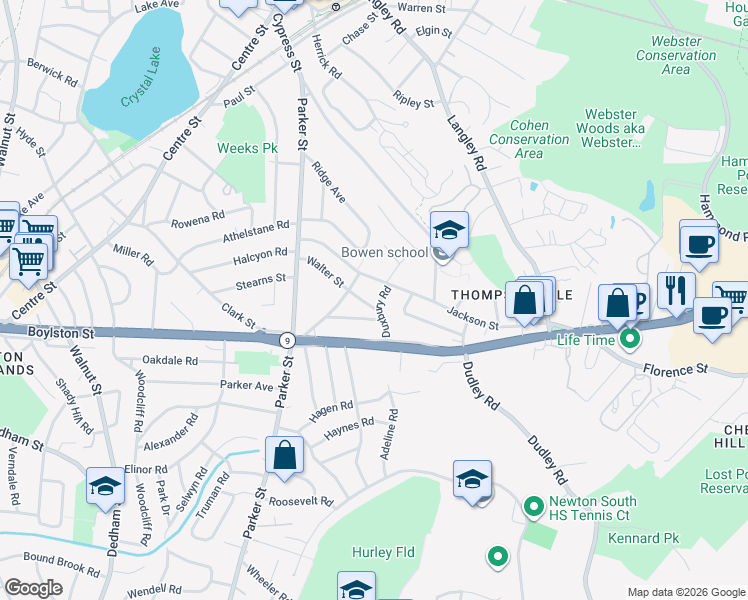map of restaurants, bars, coffee shops, grocery stores, and more near 24 Lantern Lane in Newton