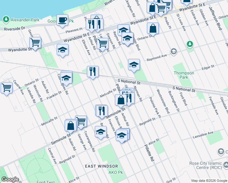 map of restaurants, bars, coffee shops, grocery stores, and more near in Windsor