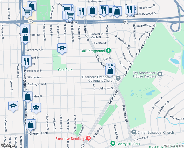 map of restaurants, bars, coffee shops, grocery stores, and more near 23000 Hollander Street in Dearborn