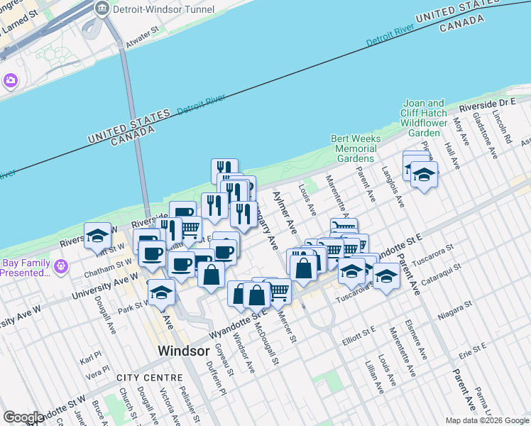 map of restaurants, bars, coffee shops, grocery stores, and more near 140 Glengarry Avenue in Windsor