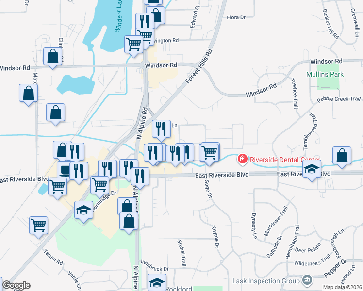 map of restaurants, bars, coffee shops, grocery stores, and more near 4189 Old Golf Road in Loves Park