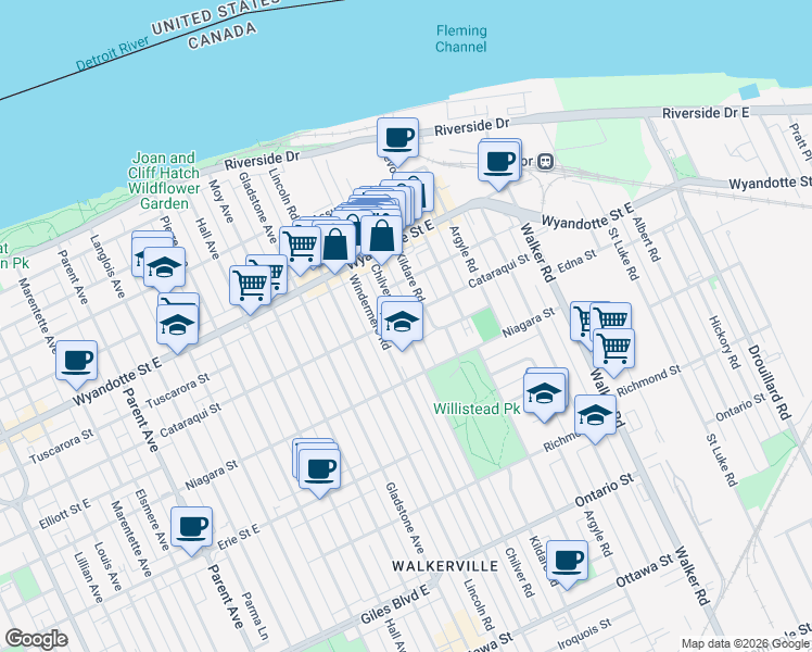map of restaurants, bars, coffee shops, grocery stores, and more near in Windsor