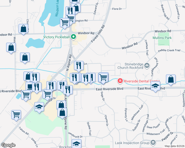 map of restaurants, bars, coffee shops, grocery stores, and more near 1835 Bright View Drive in Loves Park