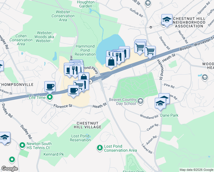 map of restaurants, bars, coffee shops, grocery stores, and more near 231 Hammond Pond Parkway in Newton