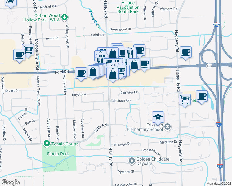 map of restaurants, bars, coffee shops, grocery stores, and more near 42059 Ford Road in Canton