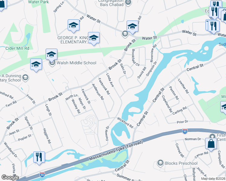 map of restaurants, bars, coffee shops, grocery stores, and more near 22 Linda Avenue in Framingham