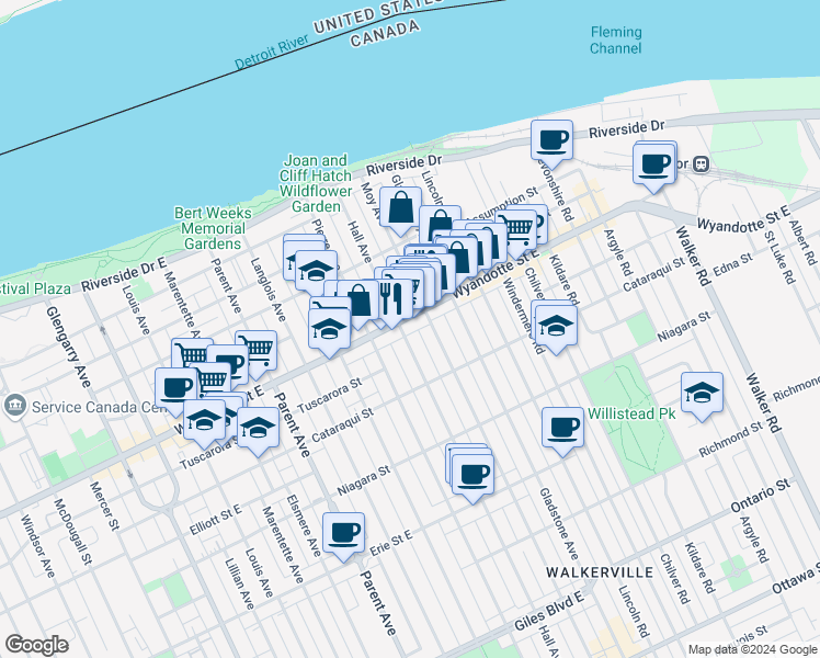 map of restaurants, bars, coffee shops, grocery stores, and more near 634 Hall Avenue in Windsor