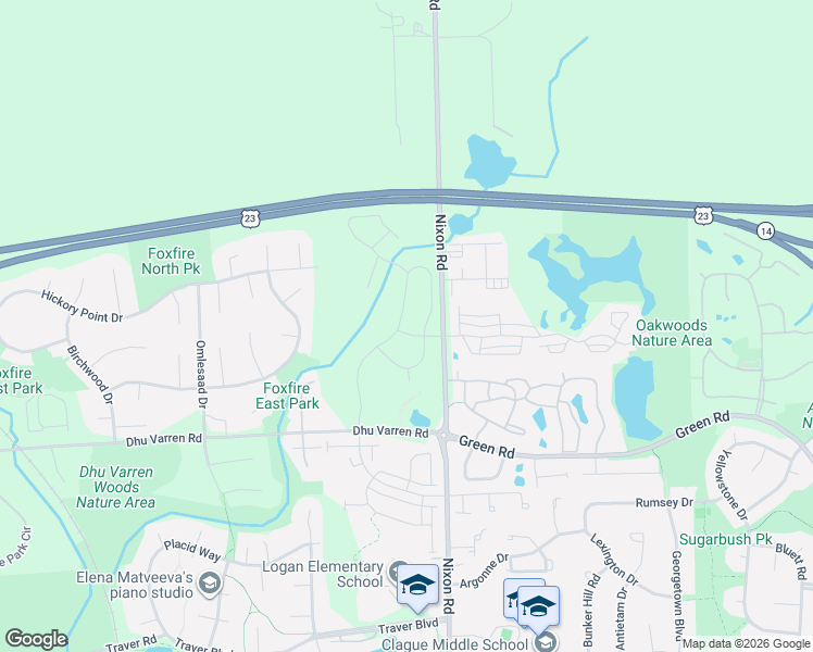 map of restaurants, bars, coffee shops, grocery stores, and more near 3081 North Spurway Drive in Ann Arbor