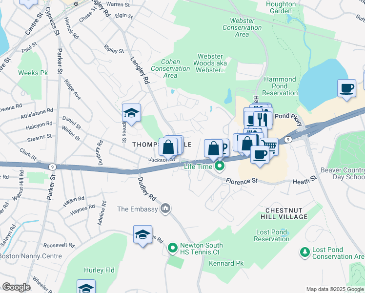 map of restaurants, bars, coffee shops, grocery stores, and more near 404 Langley Road in Newton