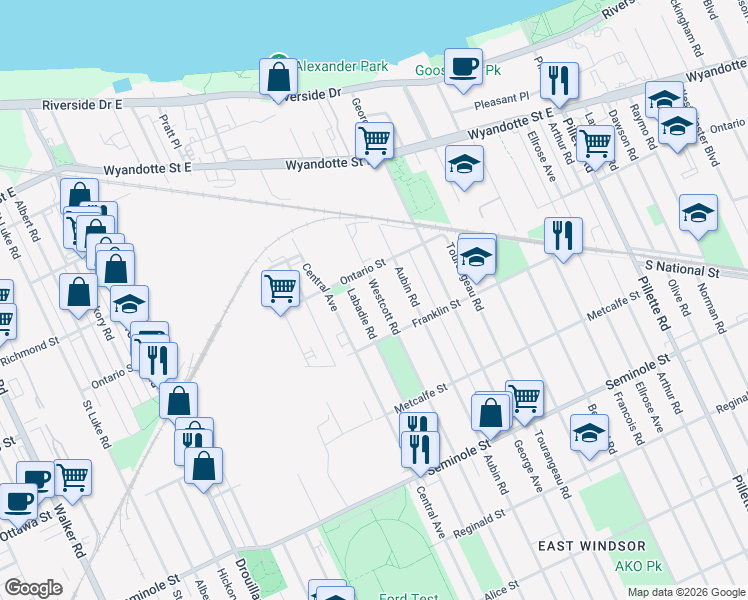 map of restaurants, bars, coffee shops, grocery stores, and more near 1203 Westcott Road in Windsor