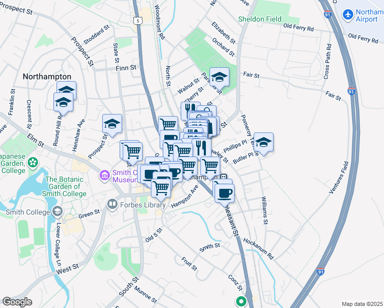 map of restaurants, bars, coffee shops, grocery stores, and more near 5 Market Street in Northampton