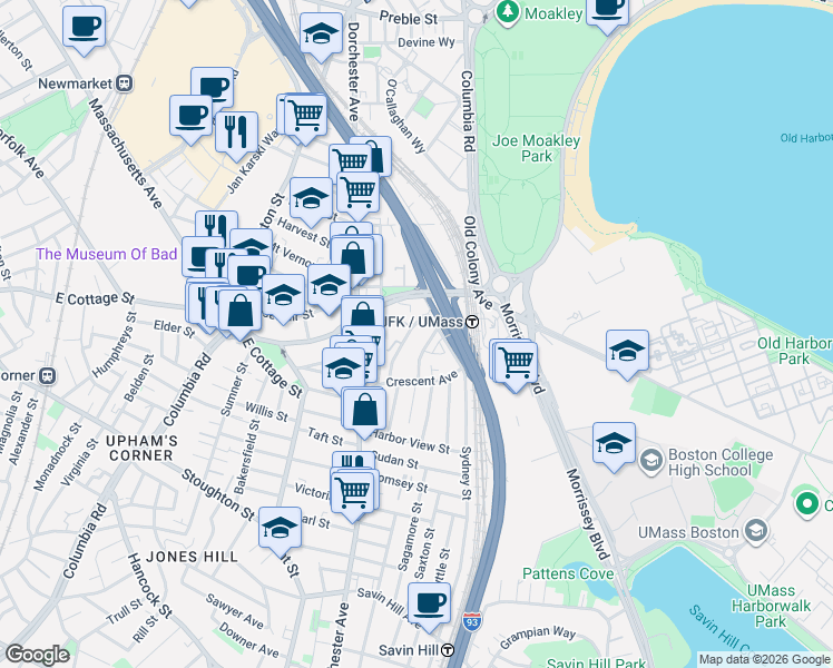 map of restaurants, bars, coffee shops, grocery stores, and more near 839 Columbia Road in Boston
