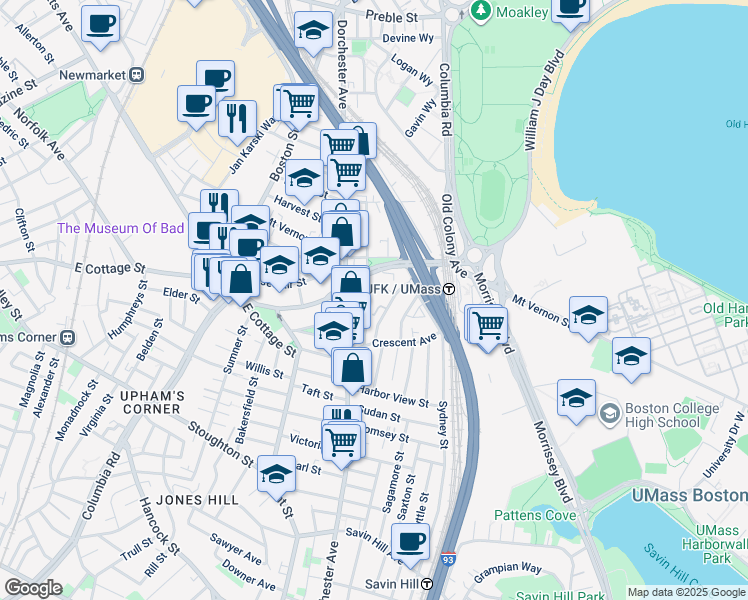 map of restaurants, bars, coffee shops, grocery stores, and more near 839 Columbia Road in Boston
