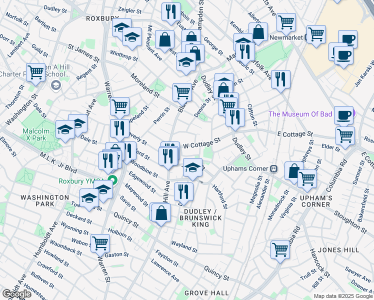 map of restaurants, bars, coffee shops, grocery stores, and more near 75R West Cottage Street in Boston