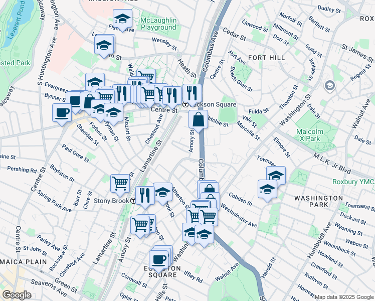 map of restaurants, bars, coffee shops, grocery stores, and more near 55-73 Amory Street in Boston