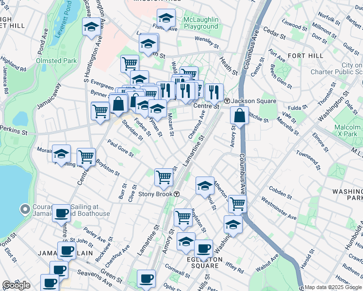 map of restaurants, bars, coffee shops, grocery stores, and more near 54 Mozart Street in Boston