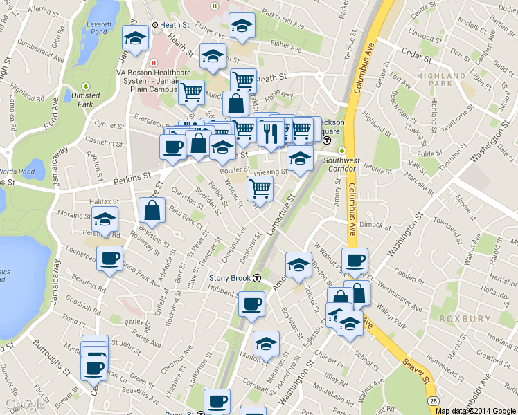 map of restaurants, bars, coffee shops, grocery stores, and more near 54 Mozart Street in Boston