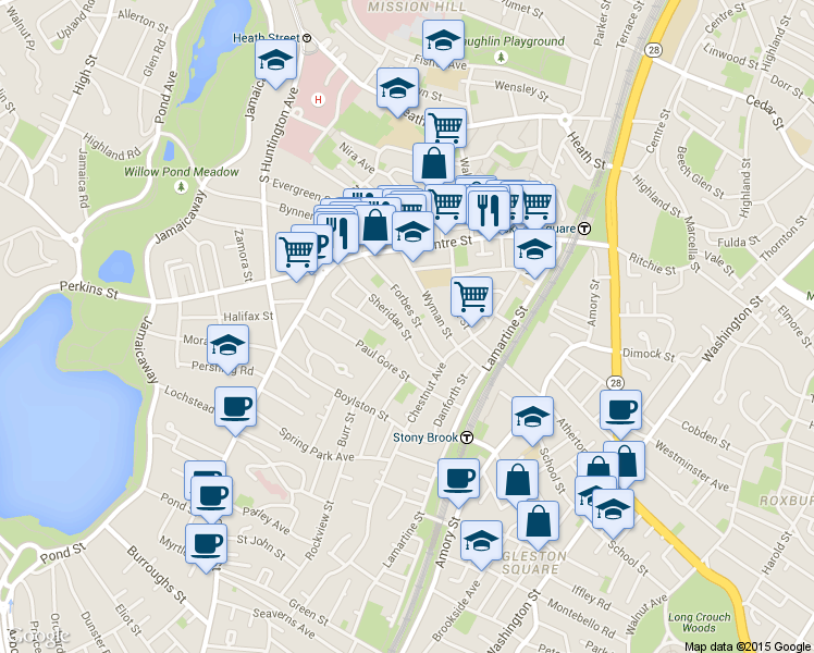 map of restaurants, bars, coffee shops, grocery stores, and more near 47 Wyman Street in Boston