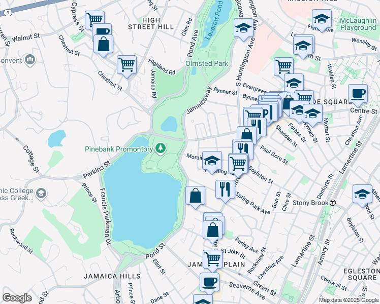 map of restaurants, bars, coffee shops, grocery stores, and more near 189 Perkins Street in Boston