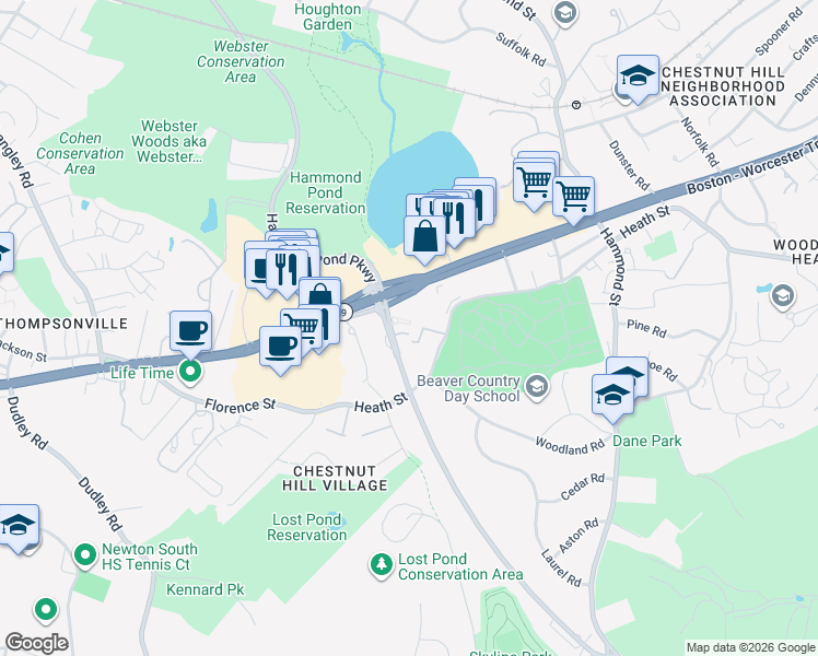 map of restaurants, bars, coffee shops, grocery stores, and more near 231 Hammond Pond Parkway in Newton