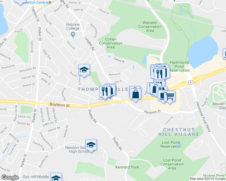 map of restaurants, bars, coffee shops, grocery stores, and more near 394 Langley Road in Newton