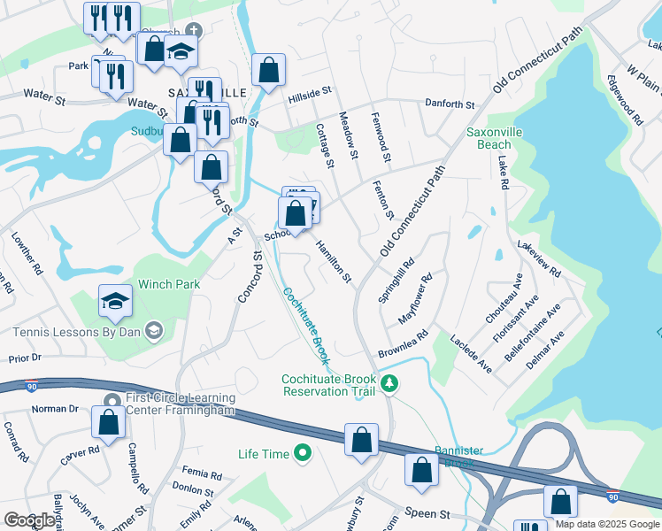 map of restaurants, bars, coffee shops, grocery stores, and more near 16 Hamilton Street in Framingham