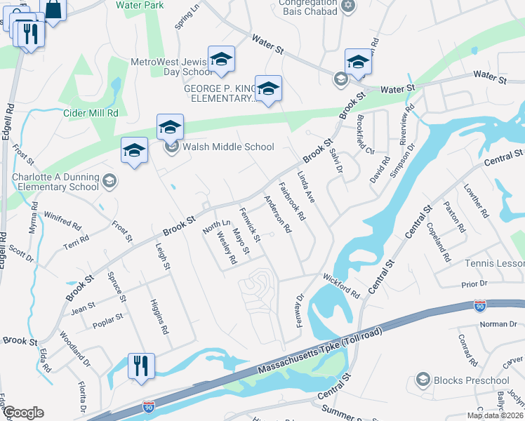 map of restaurants, bars, coffee shops, grocery stores, and more near 2 Anderson Road in Framingham