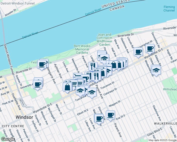 map of restaurants, bars, coffee shops, grocery stores, and more near in Windsor