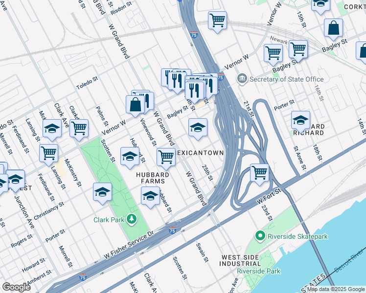 map of restaurants, bars, coffee shops, grocery stores, and more near 1489 25th Street in Detroit
