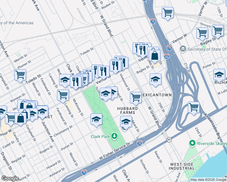 map of restaurants, bars, coffee shops, grocery stores, and more near in Detroit