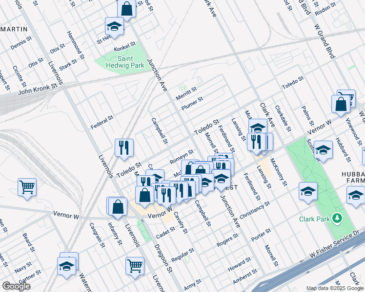 map of restaurants, bars, coffee shops, grocery stores, and more near 2315 Junction Avenue in Detroit