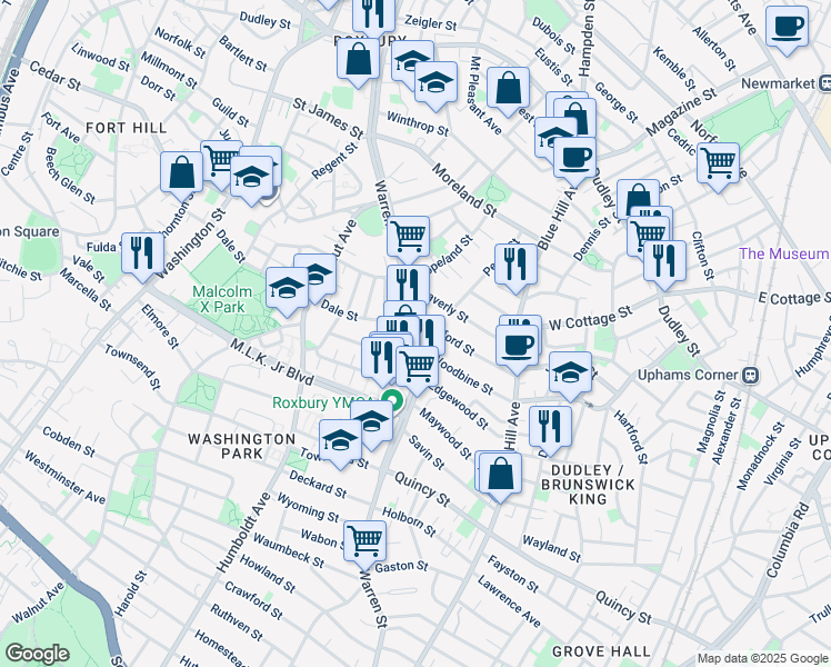 map of restaurants, bars, coffee shops, grocery stores, and more near Warren Street in Boston