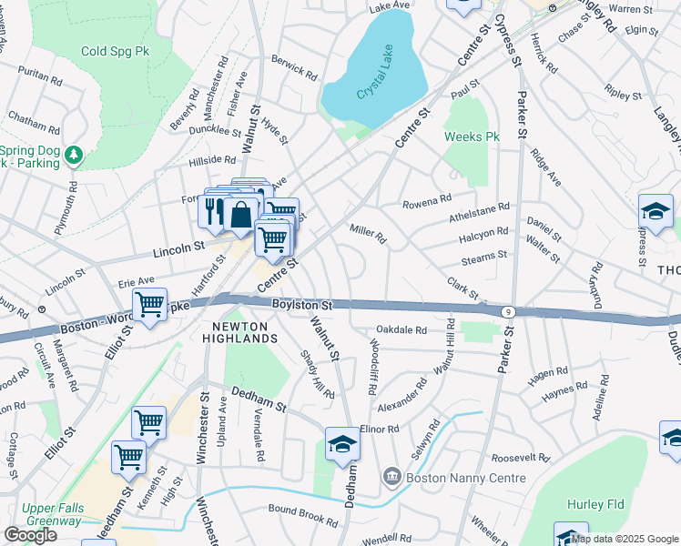 map of restaurants, bars, coffee shops, grocery stores, and more near 21 Rockledge Road in Newton