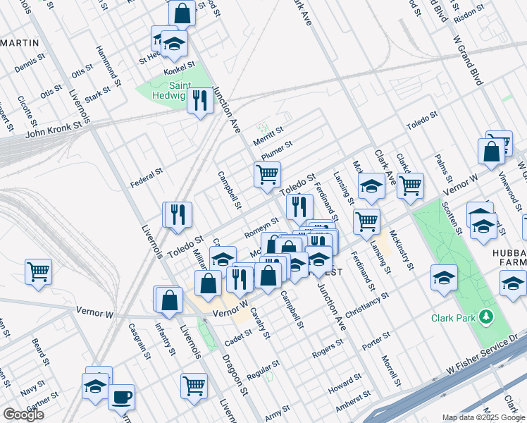 map of restaurants, bars, coffee shops, grocery stores, and more near 2315 Junction Avenue in Detroit