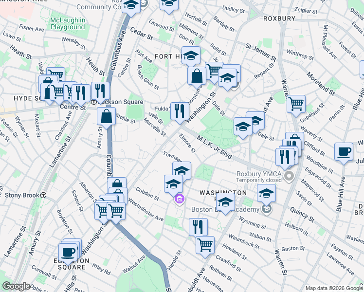 map of restaurants, bars, coffee shops, grocery stores, and more near in Boston