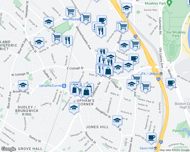 map of restaurants, bars, coffee shops, grocery stores, and more near 21 Cawfield Street in Boston