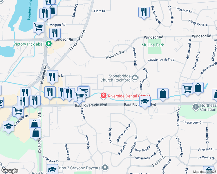 map of restaurants, bars, coffee shops, grocery stores, and more near 5009 Woodlake Drive in Loves Park