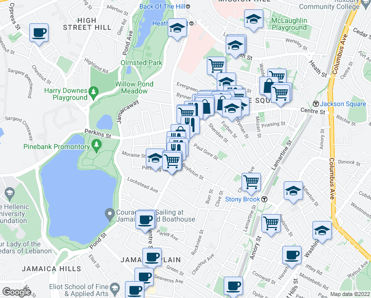 map of restaurants, bars, coffee shops, grocery stores, and more near Centre St & Oakview Terrace in Boston