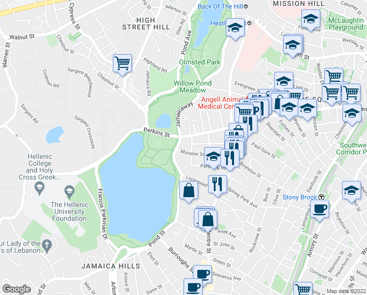 map of restaurants, bars, coffee shops, grocery stores, and more near 189 Perkins Street in Boston