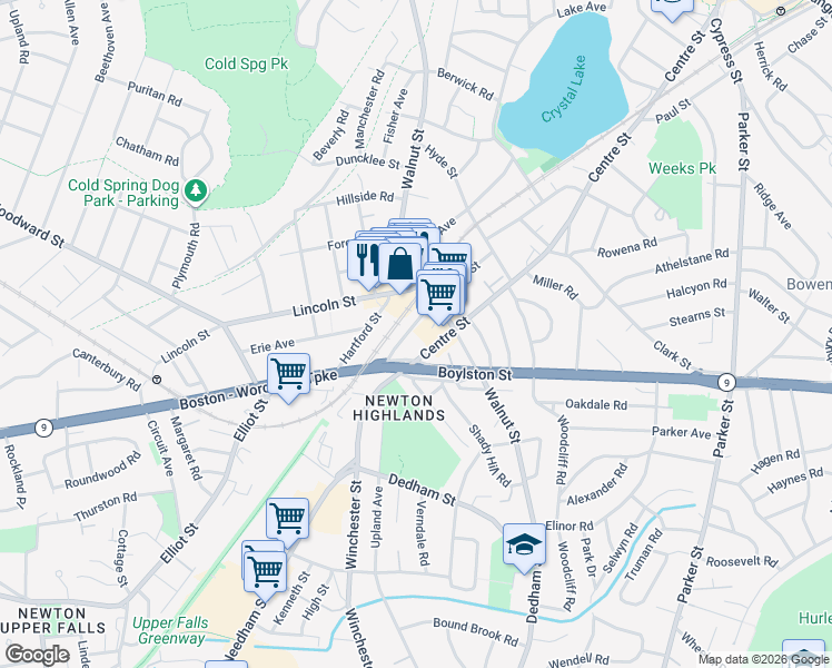 map of restaurants, bars, coffee shops, grocery stores, and more near 96 Floral Street in Newton