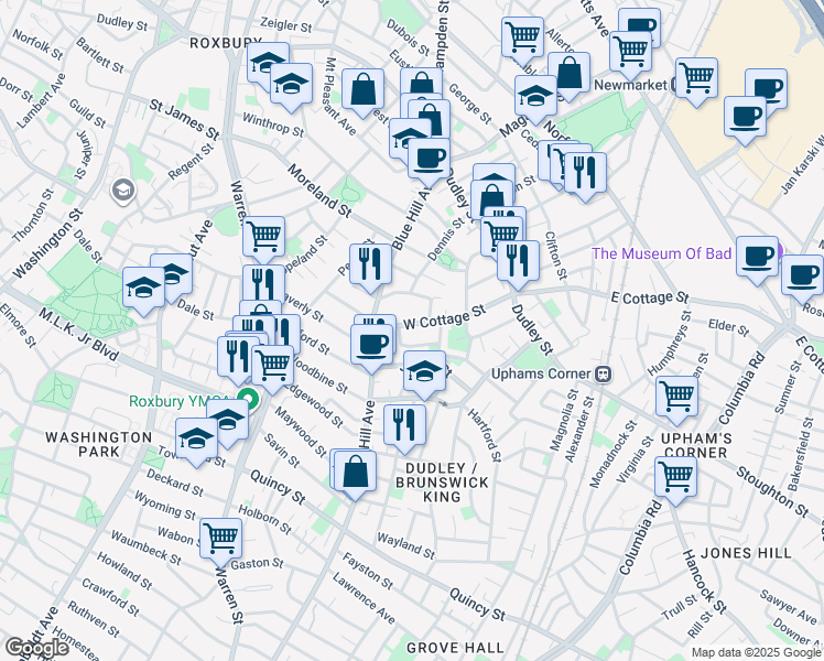 map of restaurants, bars, coffee shops, grocery stores, and more near 76 West Cottage Street in Boston