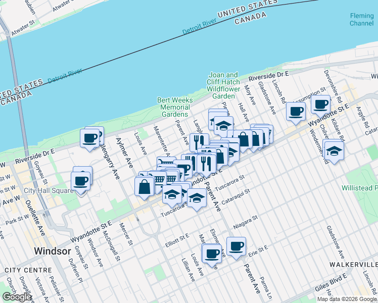 map of restaurants, bars, coffee shops, grocery stores, and more near in Windsor