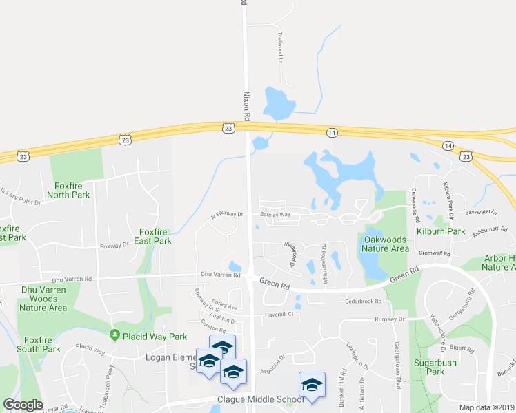 map of restaurants, bars, coffee shops, grocery stores, and more near 2705 Barclay Way in Ann Arbor